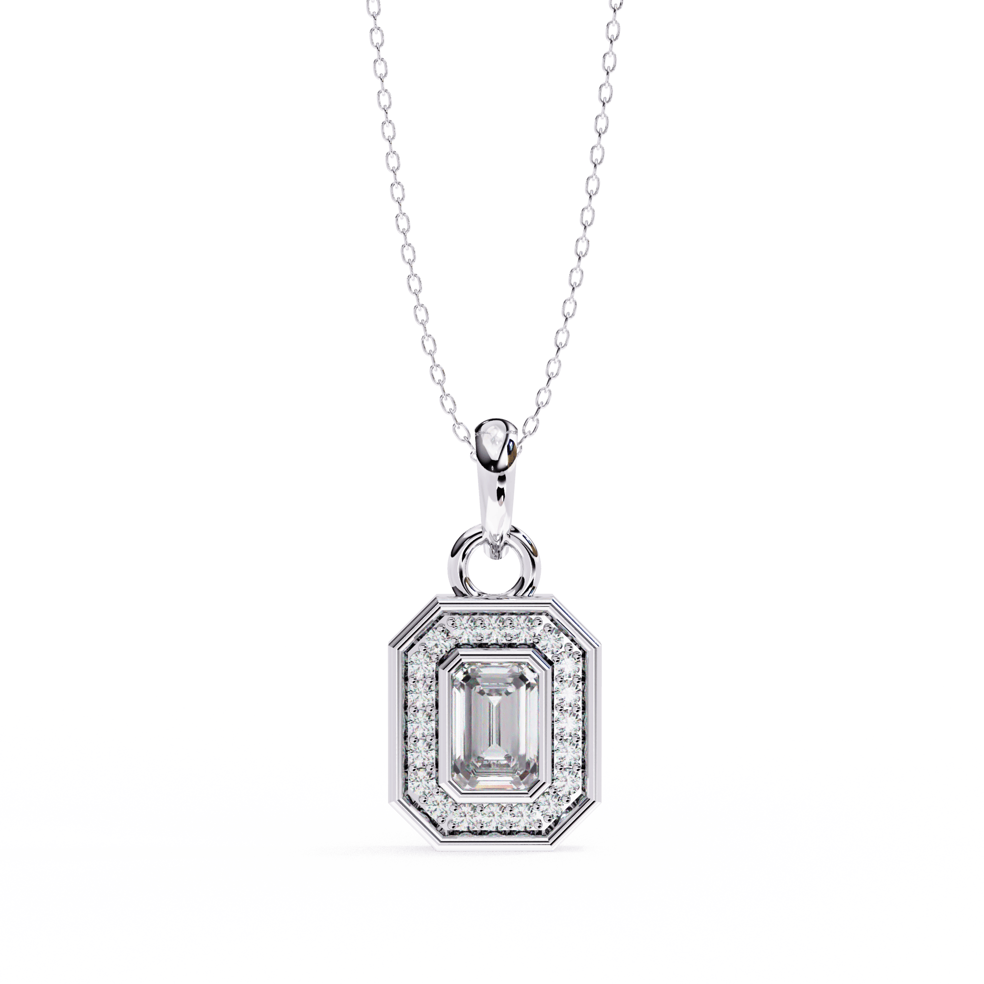 Emerald-cut diamond halo pendant